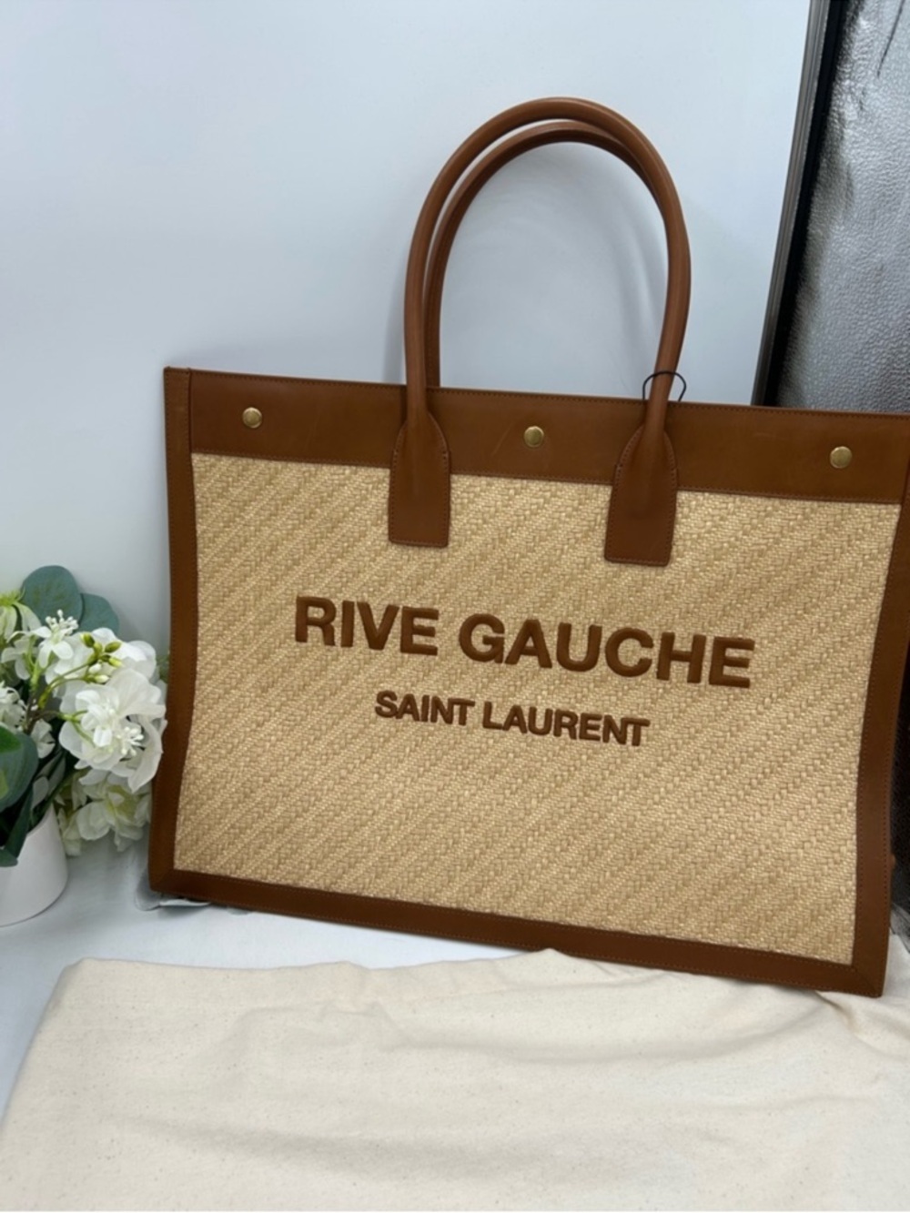 Saint Laurent Rive Gauche  Tote in Tan and Natural sand RAFFIA BRICK LEATHER